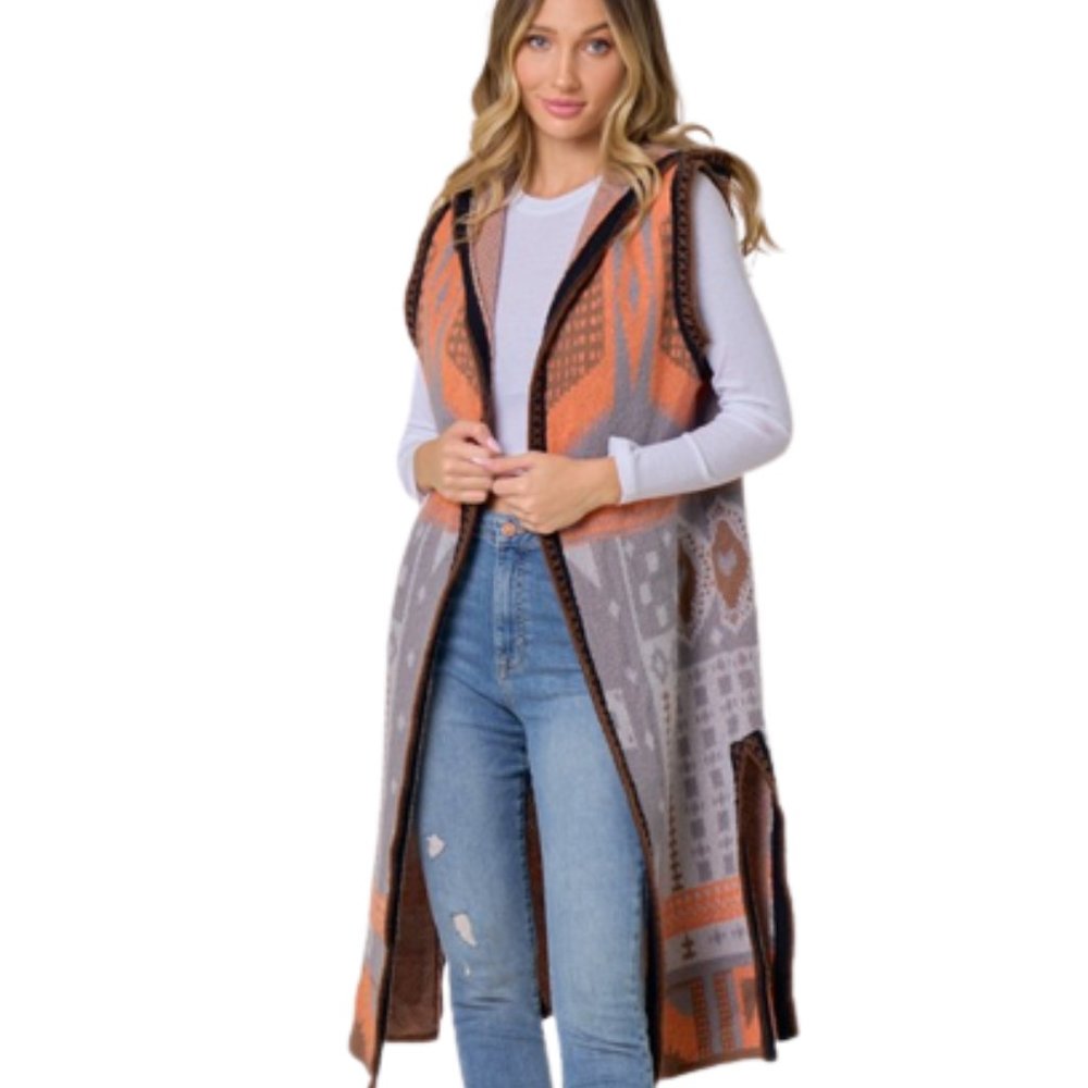 Women's Grey-Orange multi color Aztec Pattern Knit Hooded Long Cardigan …